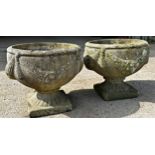 Pair of reconstituted stone urns with swag detail, Height 33cm x Diameter 39cm