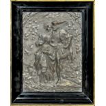 Good Sheffield plated repousse panel of a romantic scene, 27 x 20cm, framed