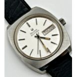 A Gent's Bulova Accutron stainless steel wristwatch, the dial with baton markers, day and date