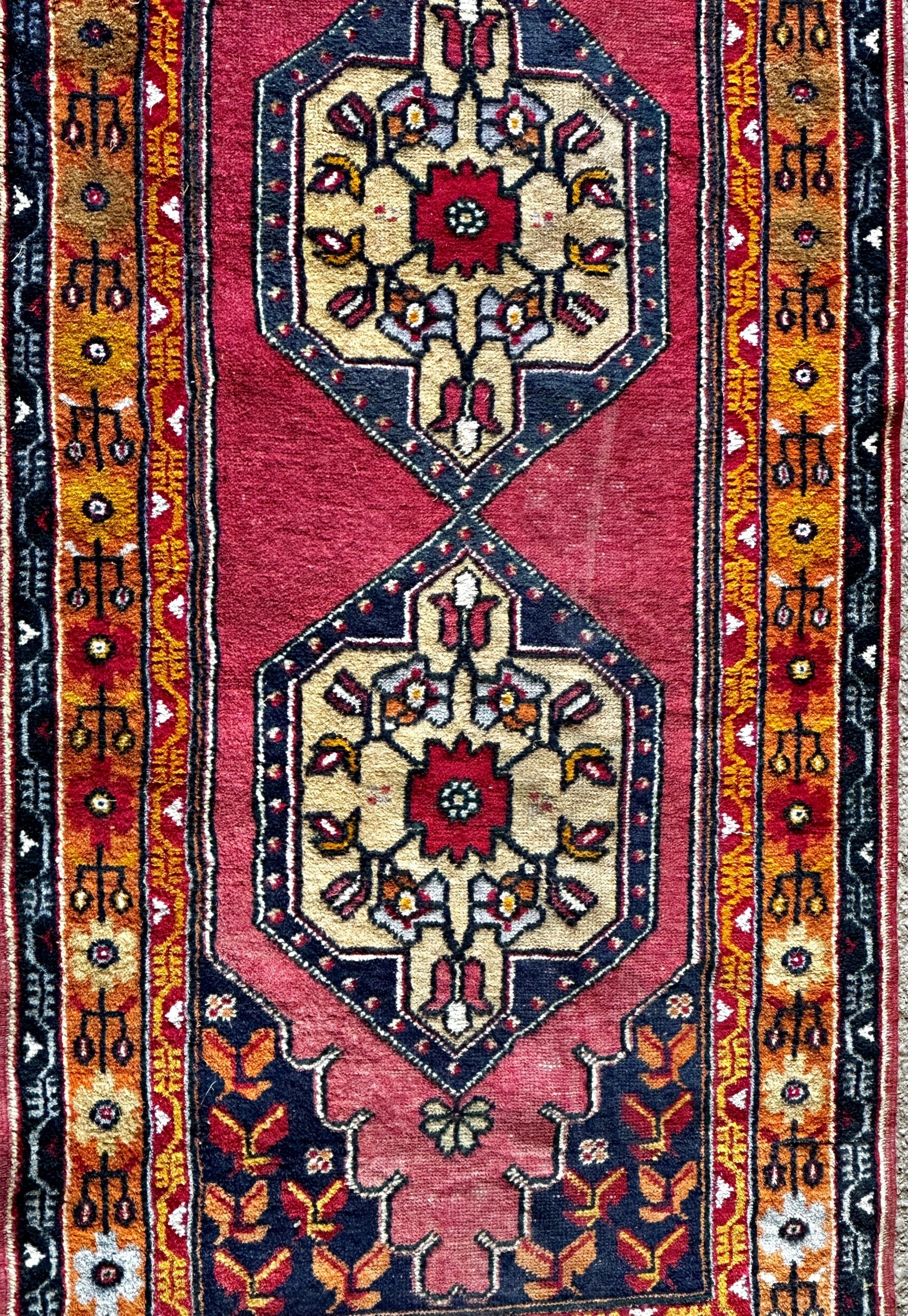 Good full pile Afghan runner with red motifs on a blue ground, 290 x 110cm - Image 2 of 2