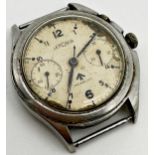 A Gent's Lemania Incabloc stainless steel chronograph wristwatch, the patinated dial with broad