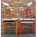 Pair of French Bauhaus child's school desks and chairs, with colourful tubular steel frames, the