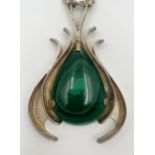 Graham Watling silver and malachite stylised pendant, 8 x 5.5cm on a silver rope twist chain, 85.