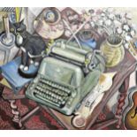 20th century school - impressionist still life of a typewriter, cat and flowers on a barley twist