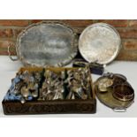 Large collection of silver plates comprising three trays, two wine coaster, large volume of flatware
