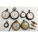 Four antique silver pocket watches, with two further Ingersoll pocket watches and gun metal fob