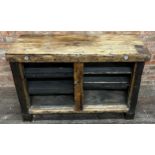 Incredible vintage Industrial side cabinet with rugged thick pine top, shelved interior and good