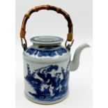 Kangxi style Chinese blue and white porcelain teapot, decorated with figures and with bamboo handle,