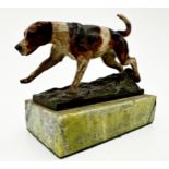 Good quality cold painted bronze study of a foxhound on a green veined marble base, 10 cm long x 8.