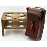 Good quality polished leather cartridge satchel, with a further rustic pine four bottle cruet