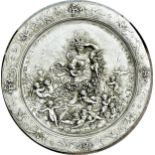 Large plaster circular wall plaque depicting a classical scene with cherubs, Diameter 62cm x Depth