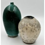 Raku studio pottery vase, 14cm high with a further studio pottery vase with vase shaped makers stamp