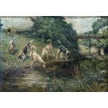 Probably by Lionel Edwards (1878-1966) - Otter hounds at the water edge, unsigned, oil on canvas,