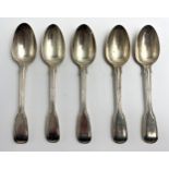 A Victorian matched set of five silver fiddle pattern tea spoons, Mary Chawner, London 1838, one