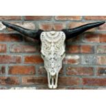 Taxidermy - Bull skull with horns, with filigree type carved decoration, 48cm high x 78cm wide