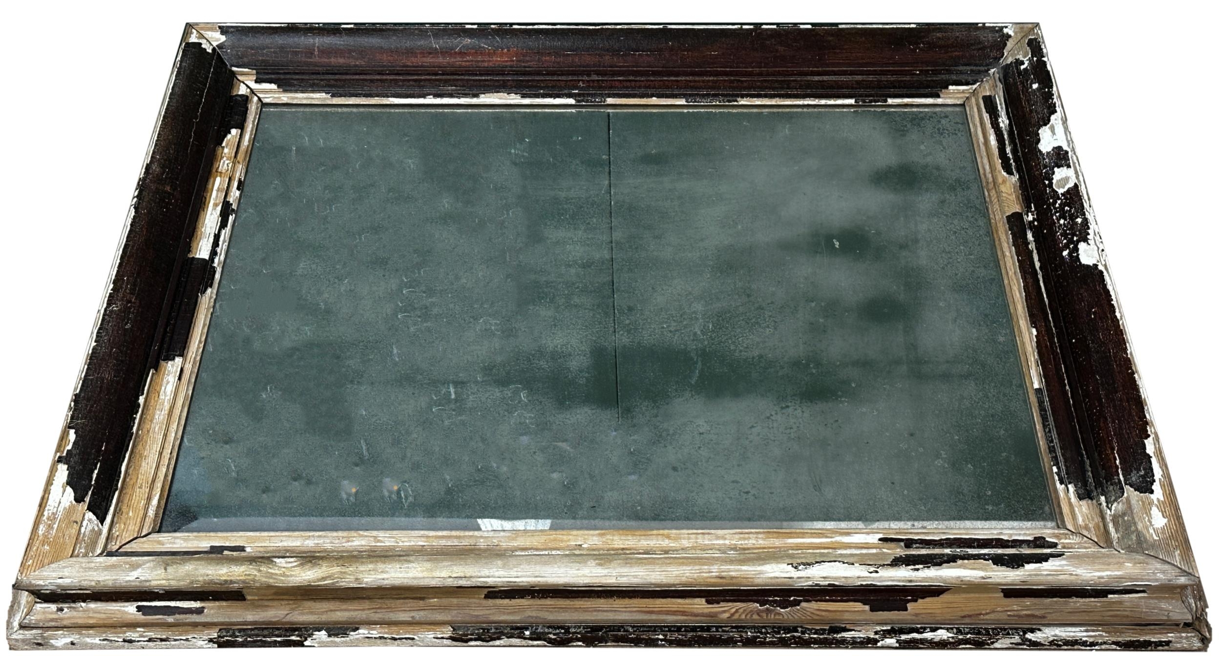 Antique French wall mirror, distressed painted pine frame, pitted glass, 83 x 99cm