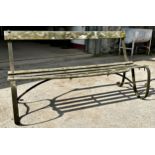 Antique teak and sprung iron bench, Length 153.5cm x Height 82cm x Depth 81cm