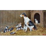 20th century school - Foxhound with pups, indistinctly signed, oil on board, 12 x 22cm, birds eye