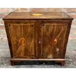 Early 20th century walnut and boxwood inlaid collector's cabinet, twin doors enclosing two banks