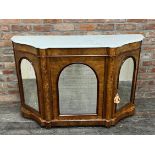 Good quality 19th century burr walnut marble top credenza, with three arched mirror panel doors