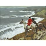 Follower of Sir Alfred Munnings (1878-1959) - Two horses and rider on a cliff edge, unsigned, oil on