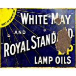 Advertising - 'White May And Royal Standard BP Lamp Oils' twin sided enamel sign, with hanging