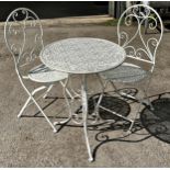 Modern painted aluminium three piece terrace set, Height 70.5cm x Diameter 60cm (Table)