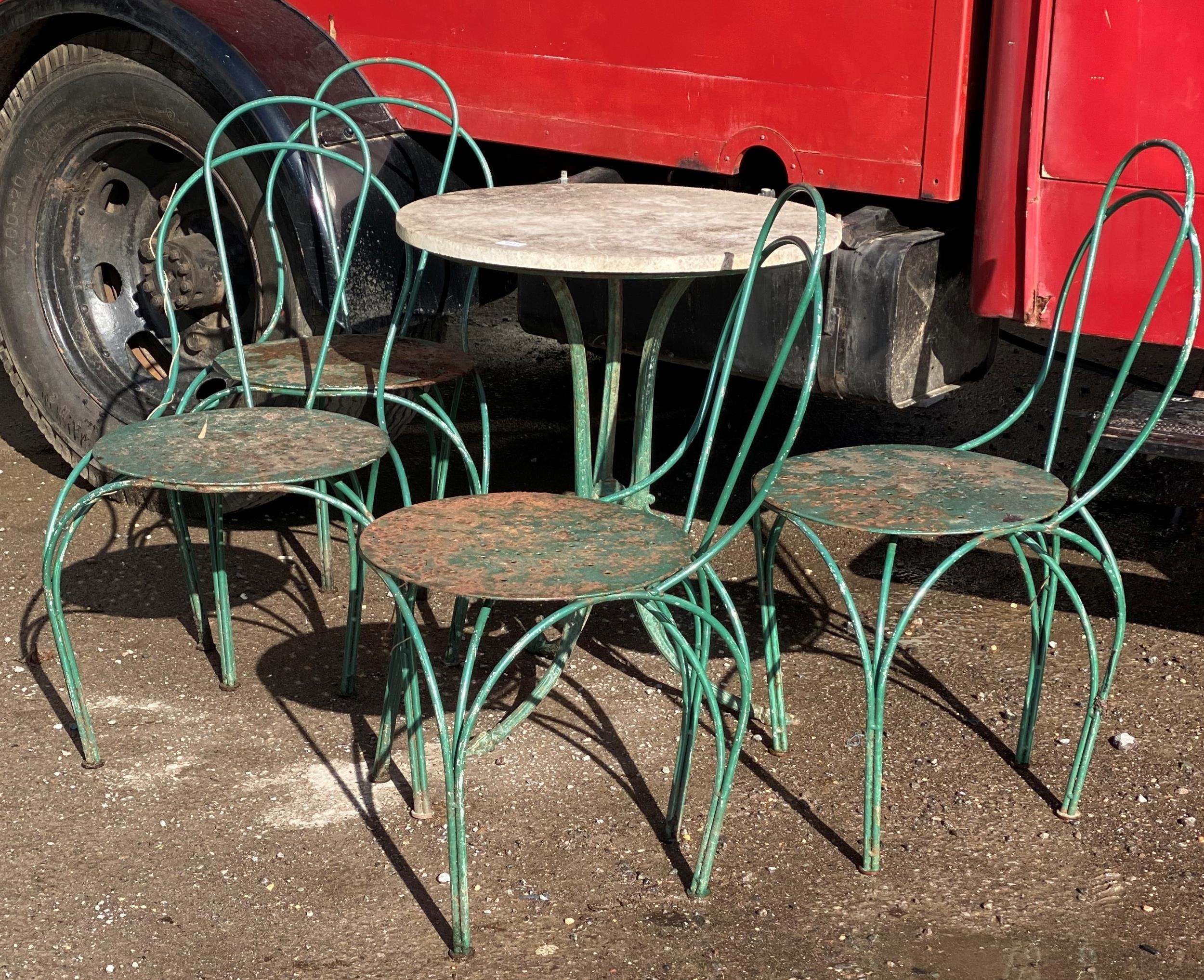 Good antique painted iron terrace set, marble top table and four chairs, Chairs height 87cm x - Image 2 of 2