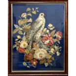 Good quality 19th century woolwork and stumpwork picture of a falcon sat on a floral stump, 82 x