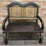 Good antique Indian stained hardwood bench, with repousse gilt back rest and further metal stud