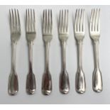 A Victorian set of five silver dessert forks, Mary Chawner, London 1838, with a further fork