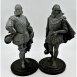 Pair of spelter figures of standing cavaliers, on plinth bases, 46cms high (2)