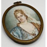 19th century school - bust portrait of a lady in exquisite dress and veil, monogrammed HV, miniature