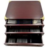 Contemporary mahogany case canteen of silver cutlery, fitted in three drawers, 110 pieces, maker