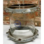 Cool vintage Industrial cylindrical Borosilicate glass, with iron work mounts by QVF, would be a