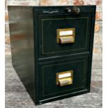 Vintage Industrial Roneo twin drawer steel index cabinet, with brass fitting, racing green with gilt