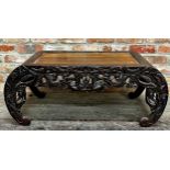 19th century Chinese hardwood scroll-end low table, well carved with dragons, 41cm high x 100cm long