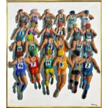 20th century school - Study of a group of runners, monogrammed SLL. dated '84, oil on canvas, 89 x