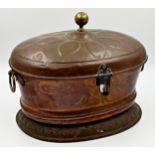 Good 19th century oval copper casket, with hinged lid and brass knob and ring handles, 36cm high x