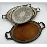 Good silver plated twin handled tray, on four splayed feet, 64cm long with two further silver plated