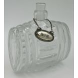 Good quality cut glass barrel shaped decanter, with stopper, 20cm high x 17cm wide, with white metal