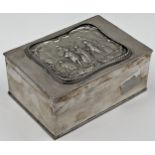 19th century silver plate rectangular tea caddy, the lid with repousse panel of a classical Roman