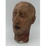 Mid-century plaster death mask of a man, mouth open, with painted detail, possibly from a