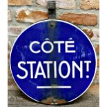 French hanging Metro station enamel sign 'Cote Station' white text on blue, 50cm diameter, hanging