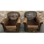 Pair of well worn Art Deco leather Club lounge chairs, 80cm high x 85cm wide