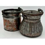 Pair of Indian silvered copper pots, with hinged handles, 16cm high, with a further Inca treen