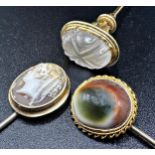 Good quality carved rock crystal stick pin stamped G Keller, with a cameo of a classical maiden, a