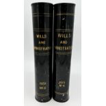 Good pair of enamelled sheet metal novelty deeds boxes in the form of books, gilt inscribed 'Wills