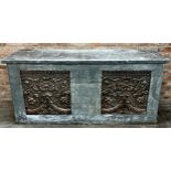 Incredible rugged 19th century zinc applied pine counter or bar, the front fitted with two