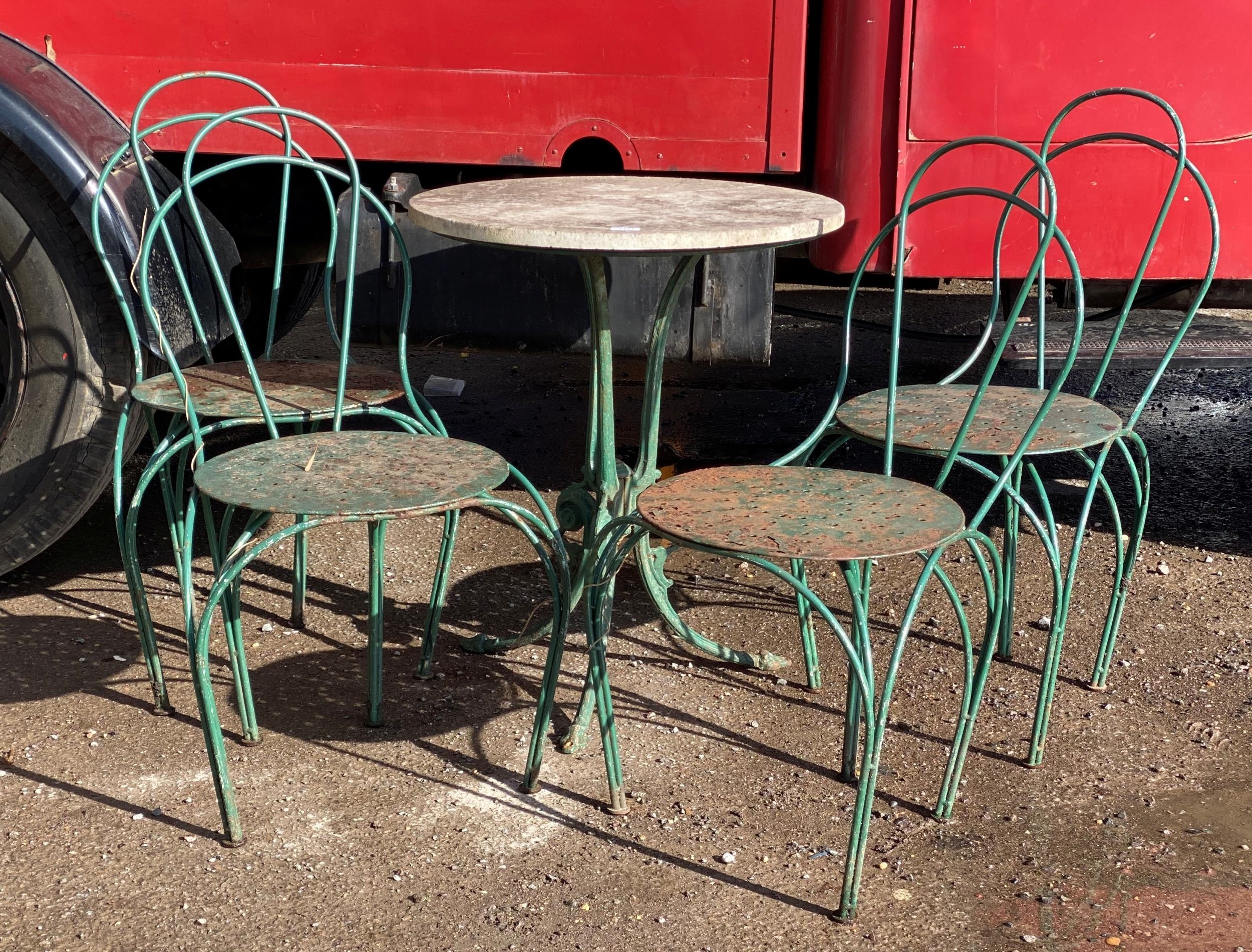 Good antique painted iron terrace set, marble top table and four chairs, Chairs height 87cm x